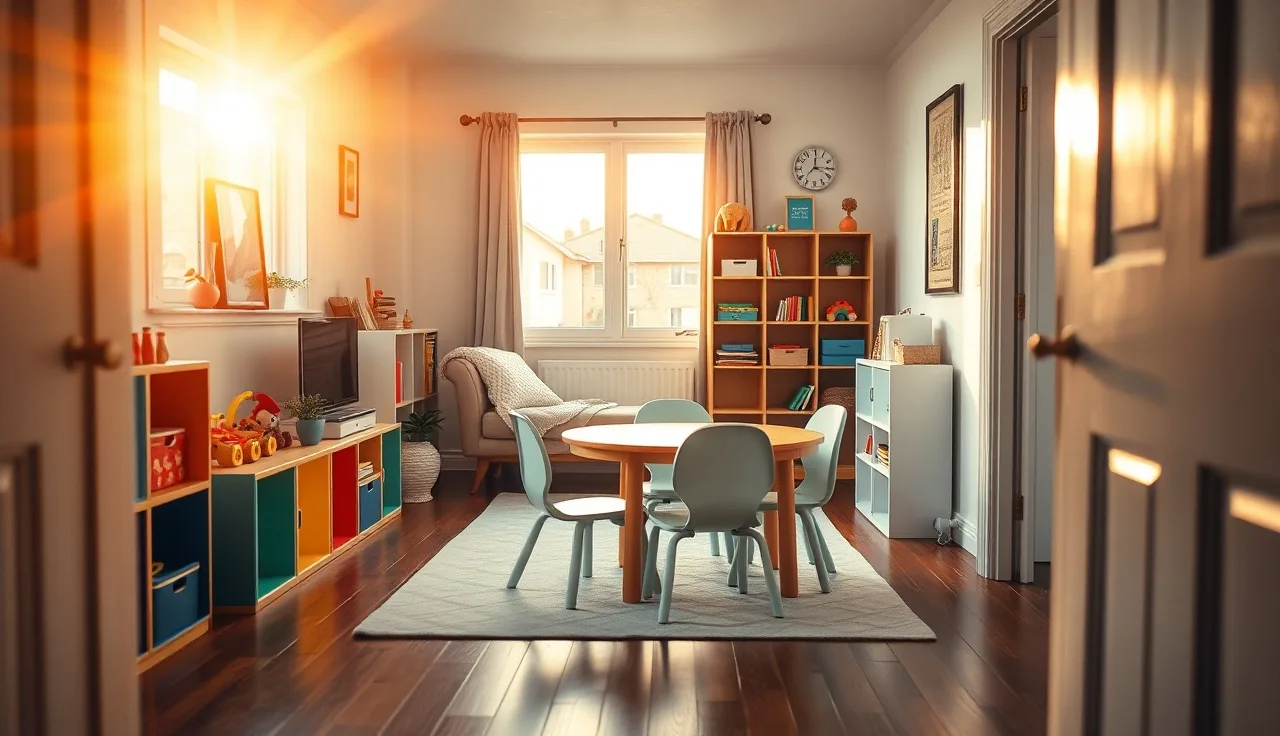 Empty licensed home daycare playroom with child-sized furniture and toy shelves in morning light
