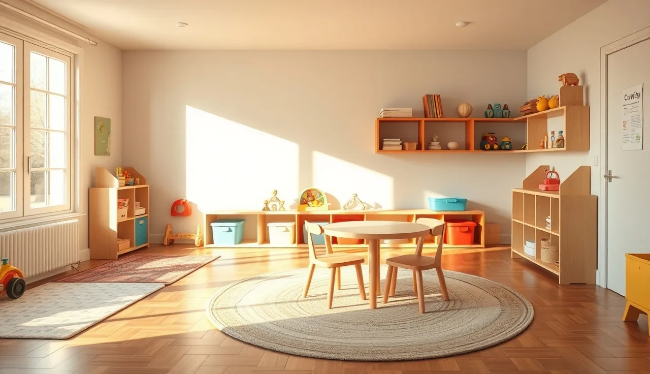 Empty Michigan home daycare playroom with wooden shelves and soft morning light
