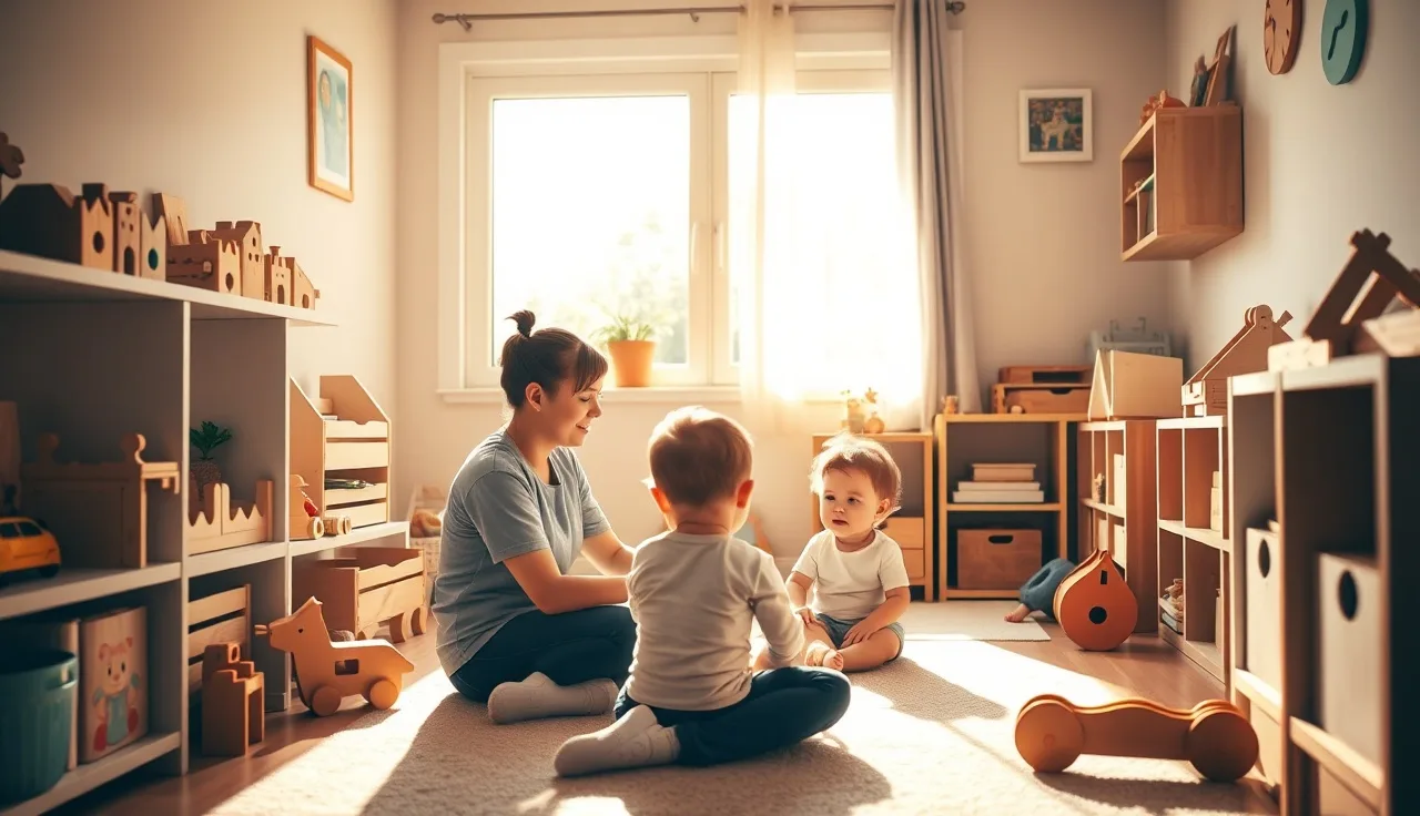 Home daycare provider sitting on floor with toddlers in a licensed Missouri playroom