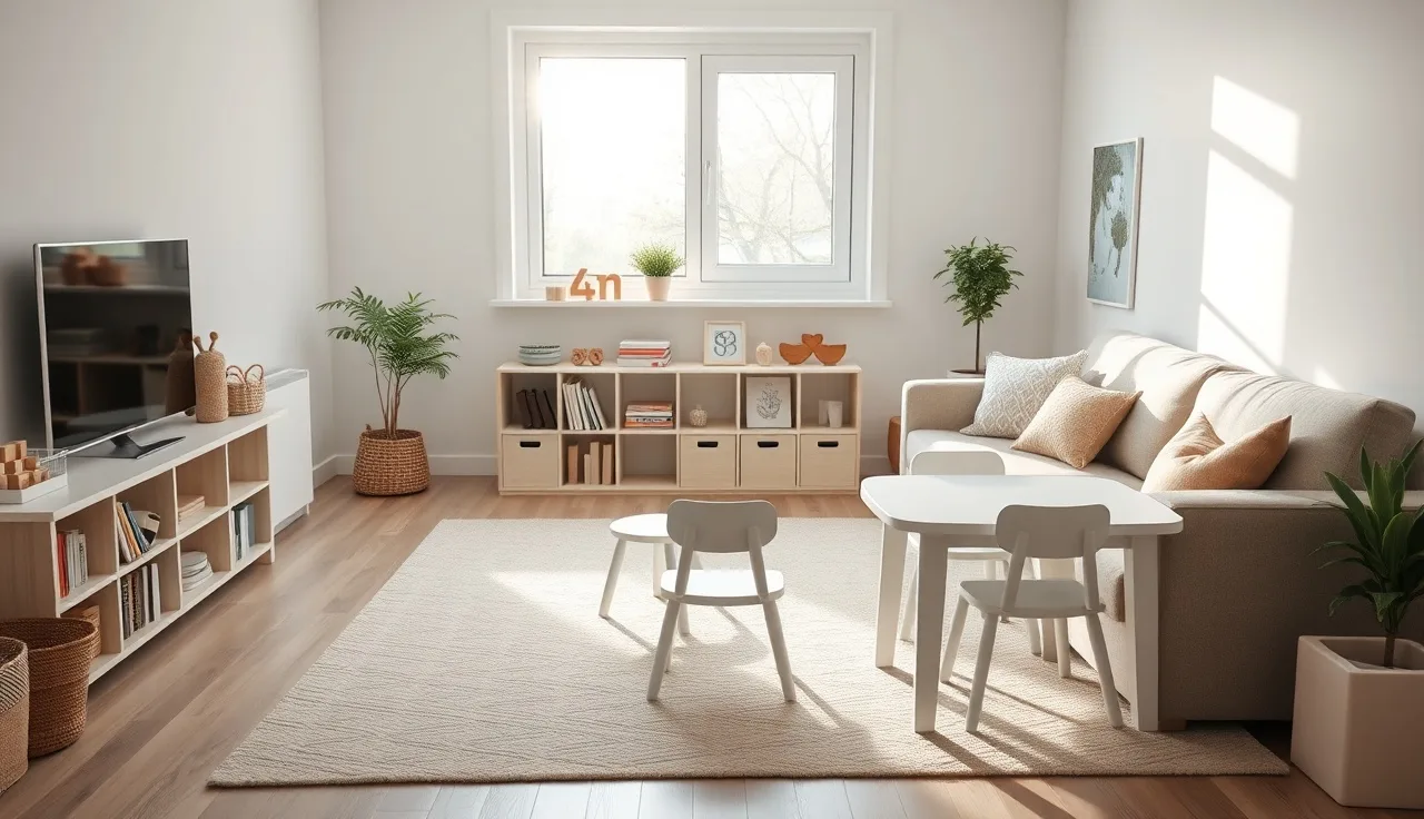 Sunlit home daycare playroom with wooden toys and small chairs