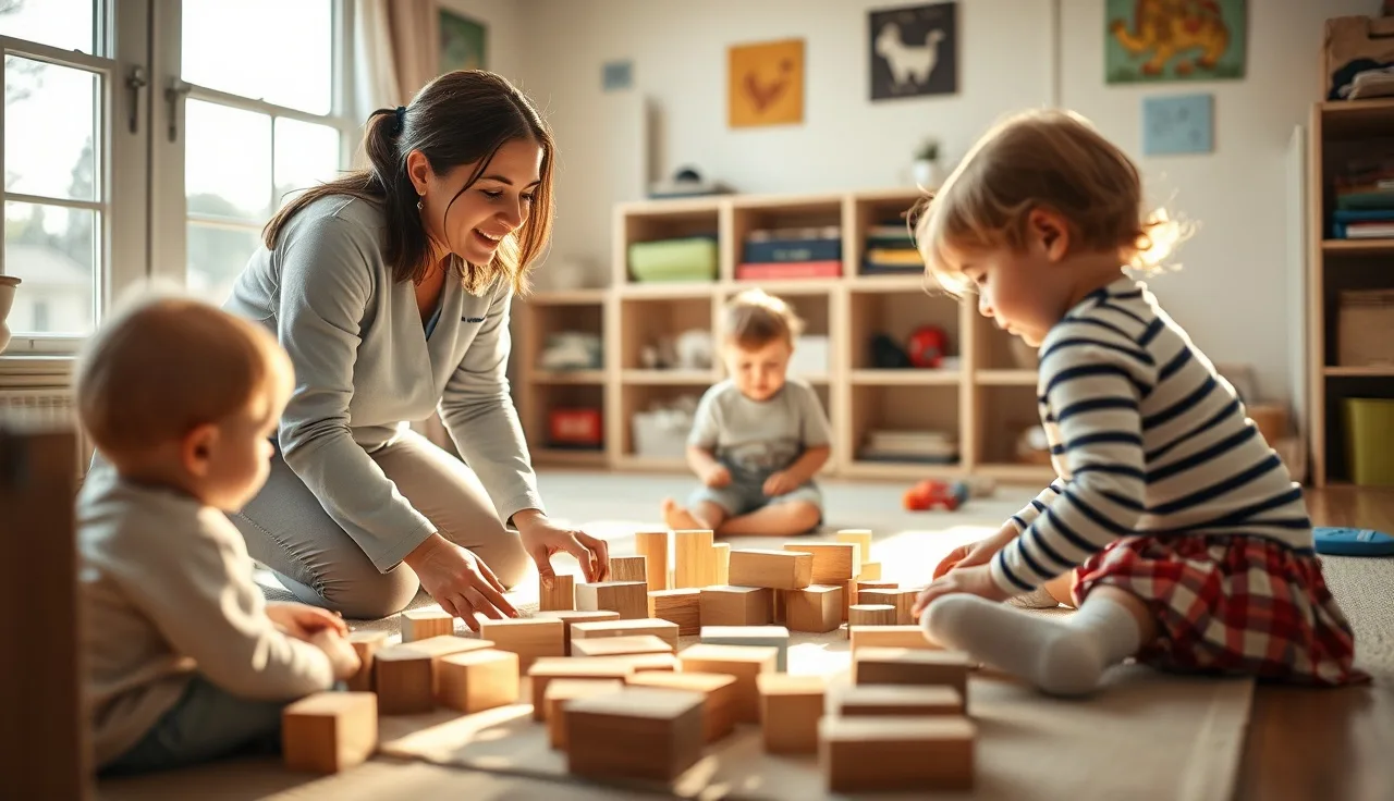Caregiver with toddlers playing blocks in a licensed home daycare in Idaho