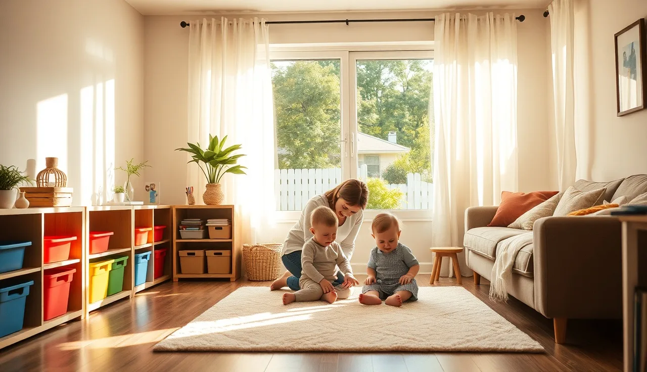 Home daycare provider kneeling with toddlers in a licensed family childcare room