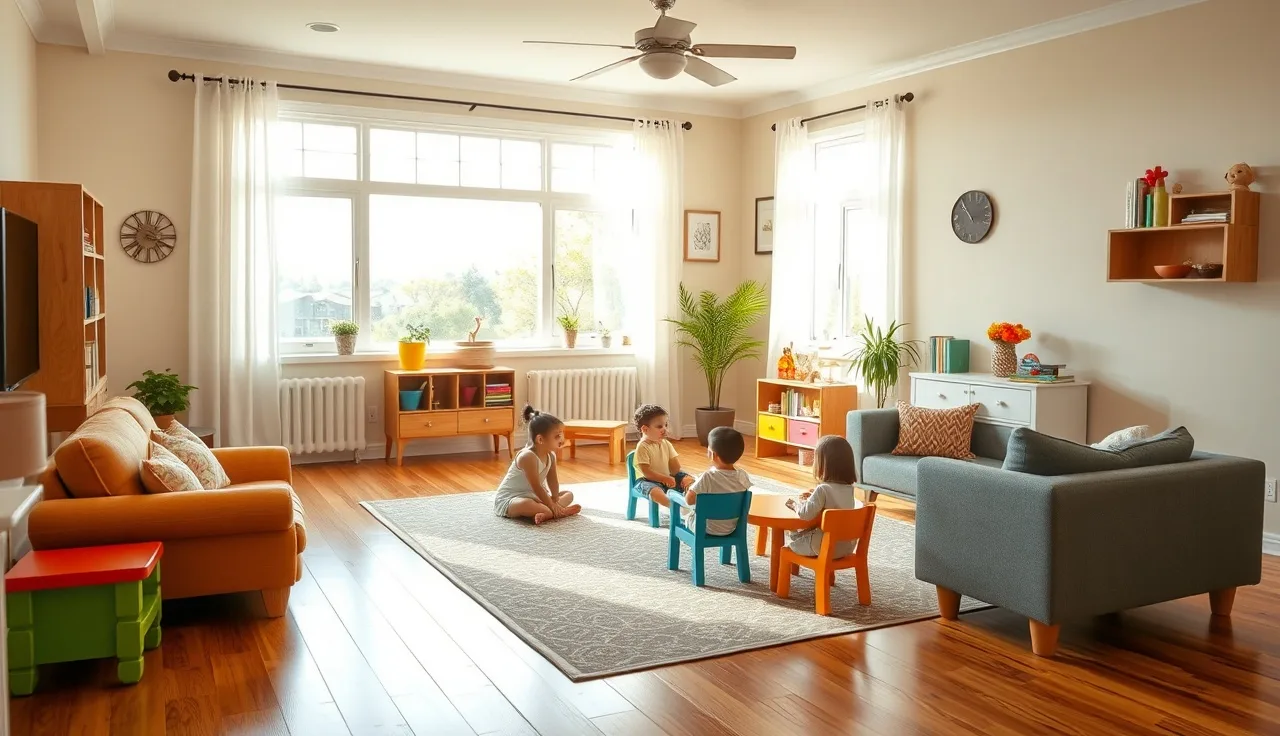 Sunlit family daycare home interior with child-sized furniture ready for children
