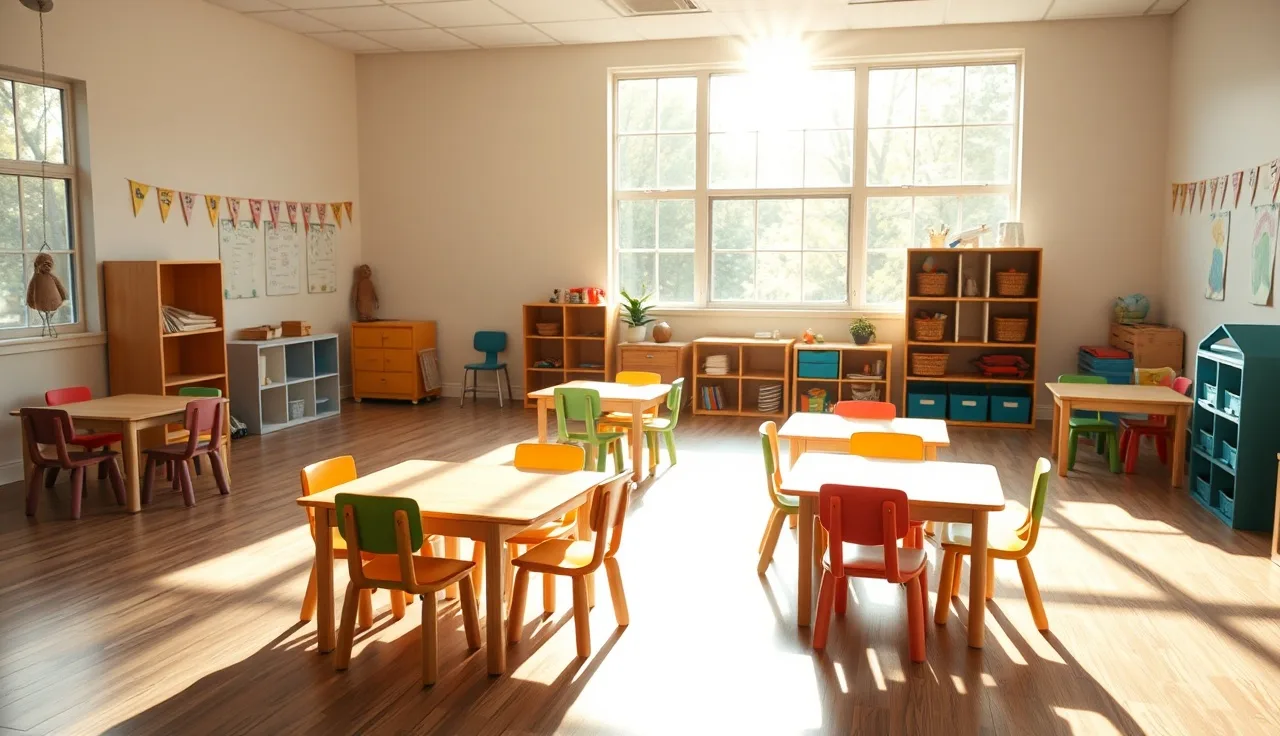 Empty licensed daycare classroom in Georgia with wooden tables and morning light