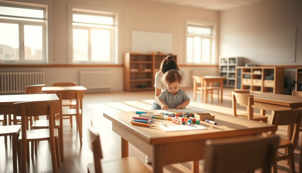 Daycare teacher kneeling with toddler at art table in sunlit NYC classroom