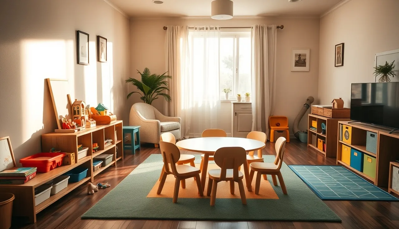 Sunlit home daycare play area with wooden shelves and colorful floor mats