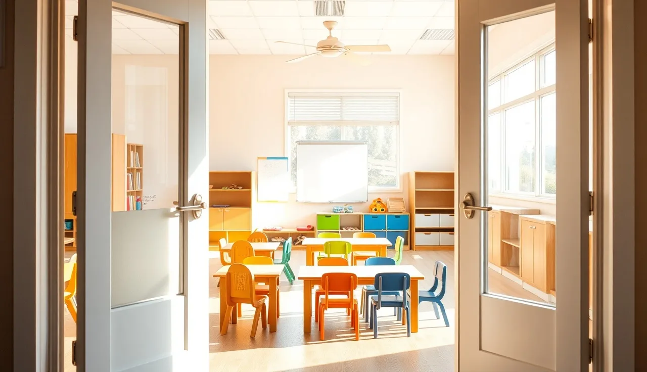 Empty California preschool classroom with wooden tables and chairs in morning light