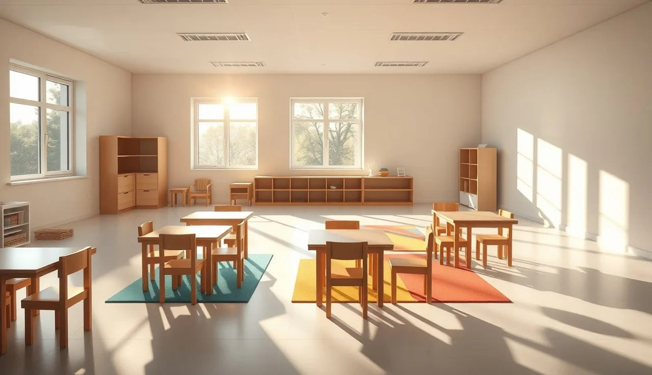 Empty Texas daycare classroom with small chairs and soft play mats in morning light