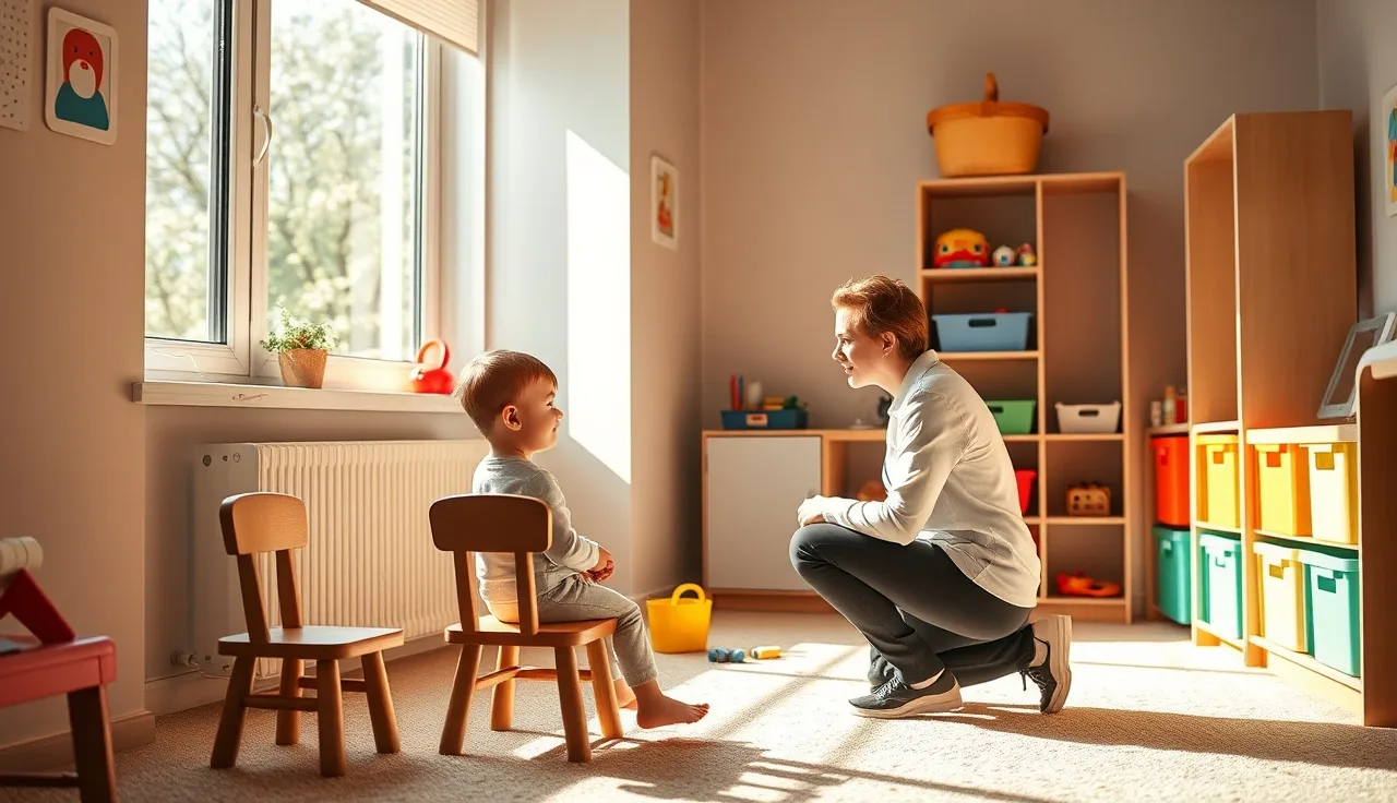 Caregiver kneeling with toddler in a licensed daycare nursery room