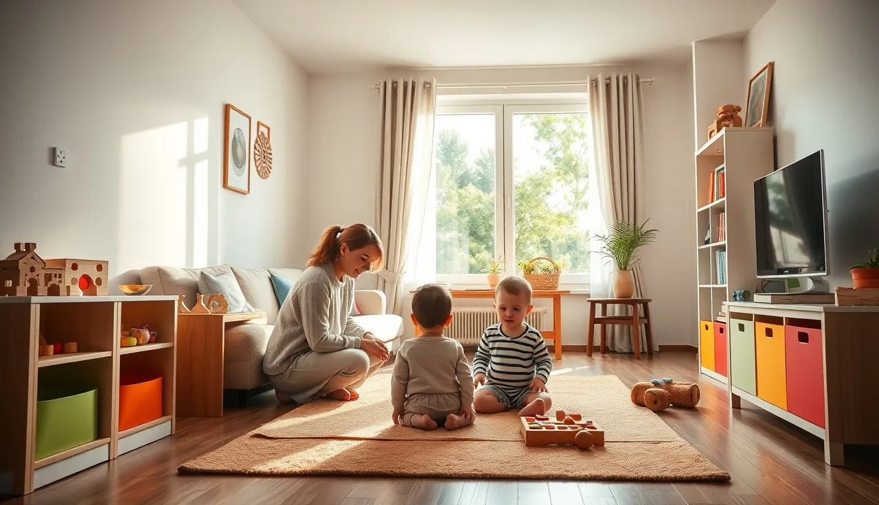 Home daycare provider kneeling beside two toddlers in a bright living room play space