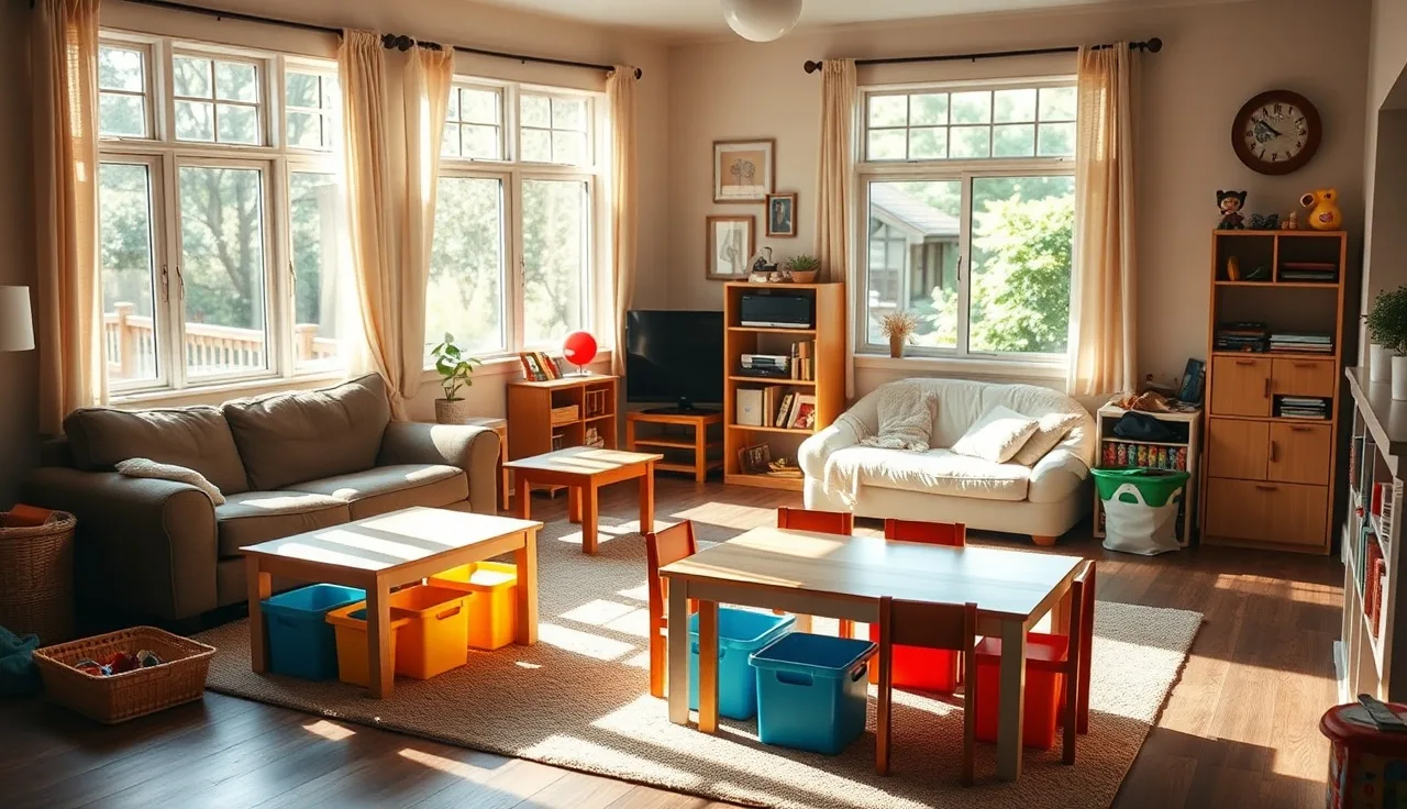 Sunlit home living room set up as a small in-home daycare space in Tennessee