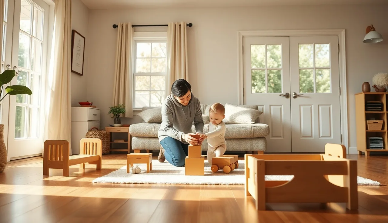 Adult caregiver and two toddlers playing with wooden blocks in a licensed home daycare