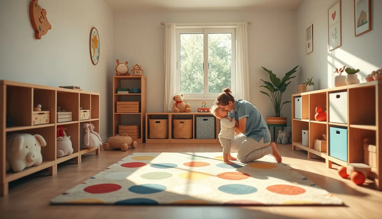 Home daycare provider kneeling on playroom rug with children during morning care