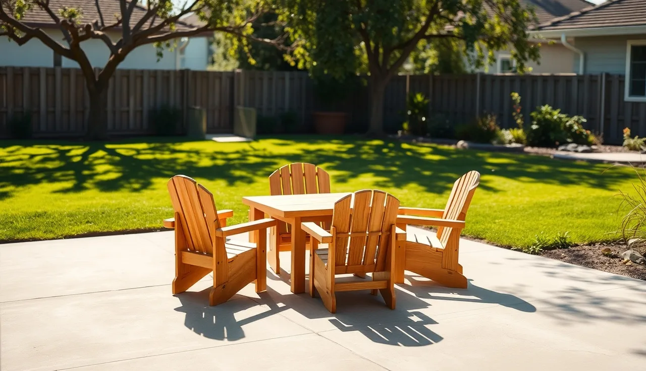 Empty backyard patio with small chairs at a licensed family daycare home in California