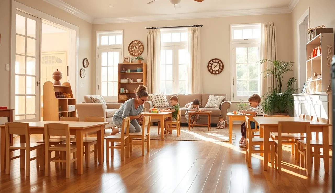 Provider kneeling beside young children playing with blocks in a licensed Louisiana home daycare