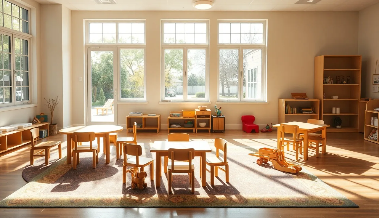 Empty Louisiana daycare classroom with small chairs and wooden toys in morning light