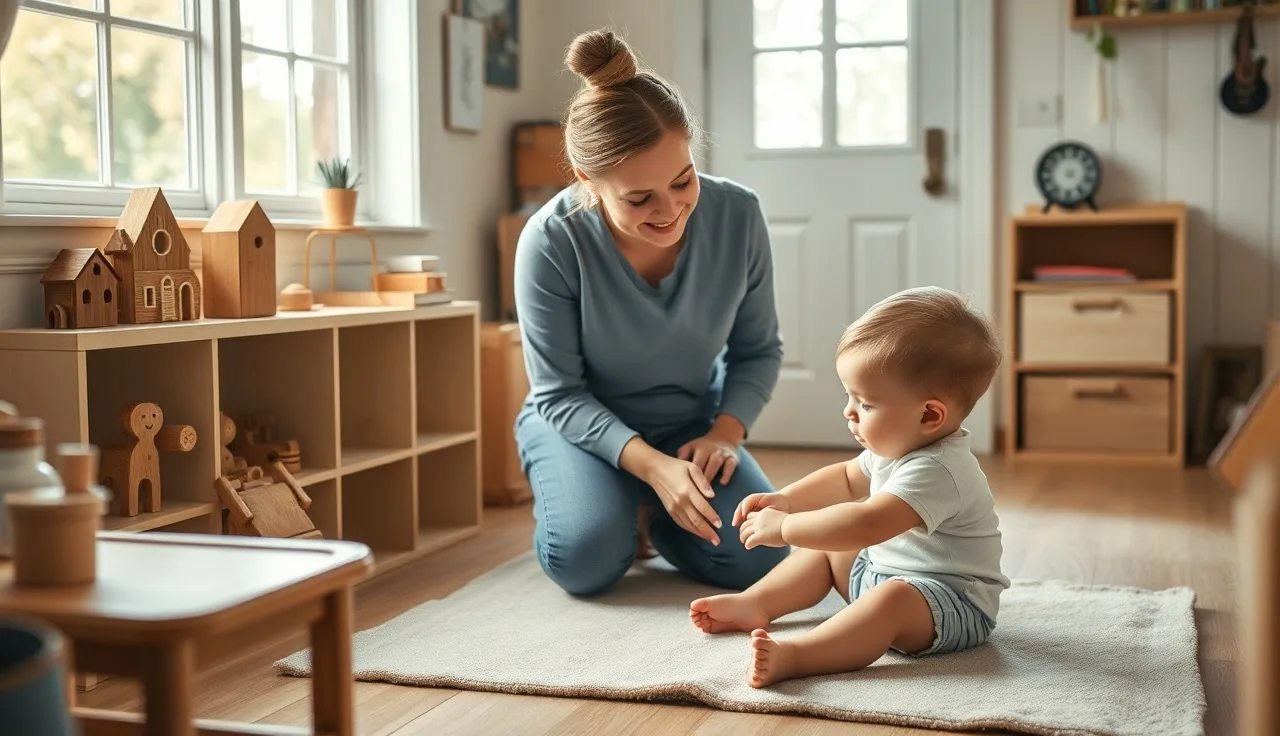 Caregiver and toddler playing on floor mat inside a licensed Maine home daycare