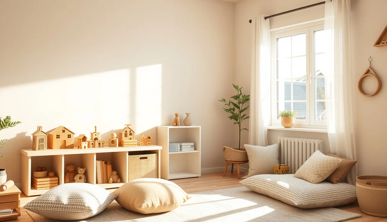 Sunlit home daycare playroom with wooden toys and reading corner