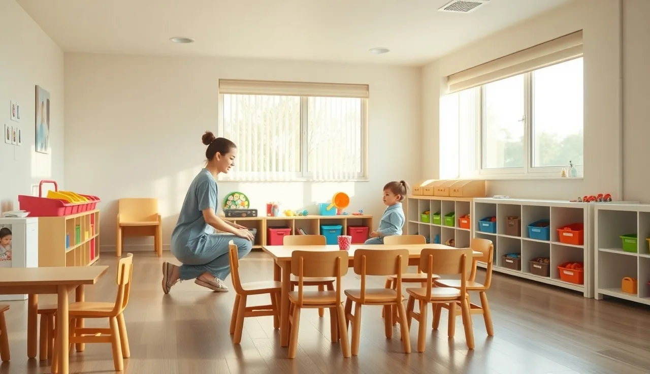Licensed daycare classroom with caregiver and toddler in morning light