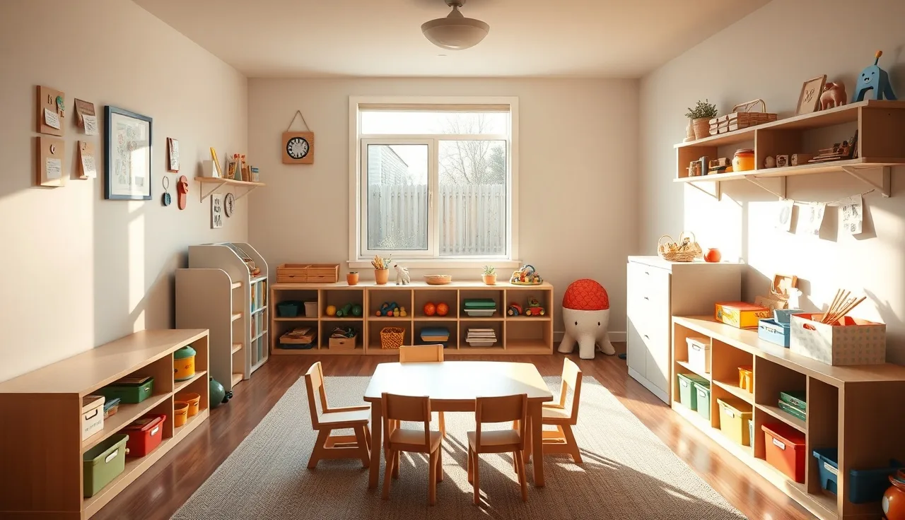 Organized Michigan home daycare playroom with wooden furniture and morning light