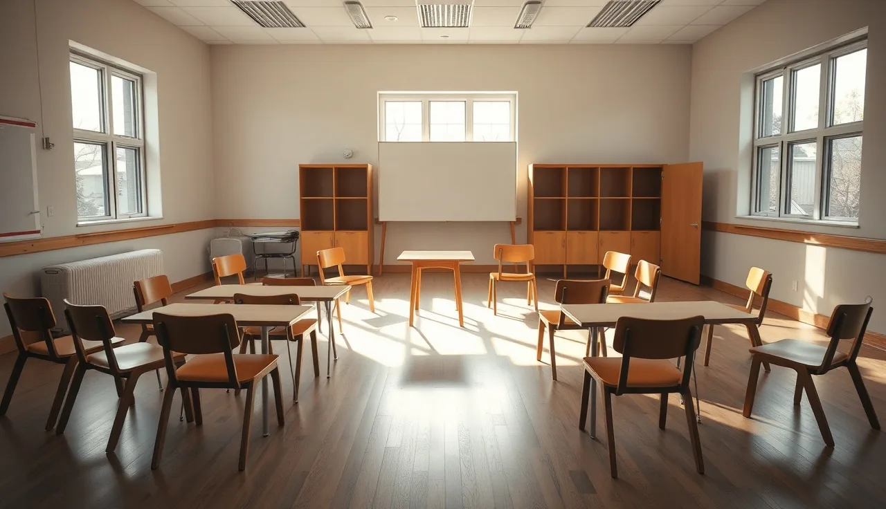 Empty licensed daycare classroom with small chairs and natural morning light