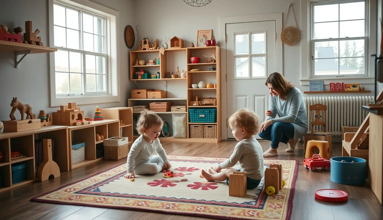 Caregiver watching two toddlers play in a licensed Montana home daycare