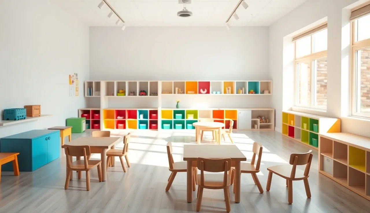 Empty daycare playroom with wooden furniture and organized storage cubbies in morning light