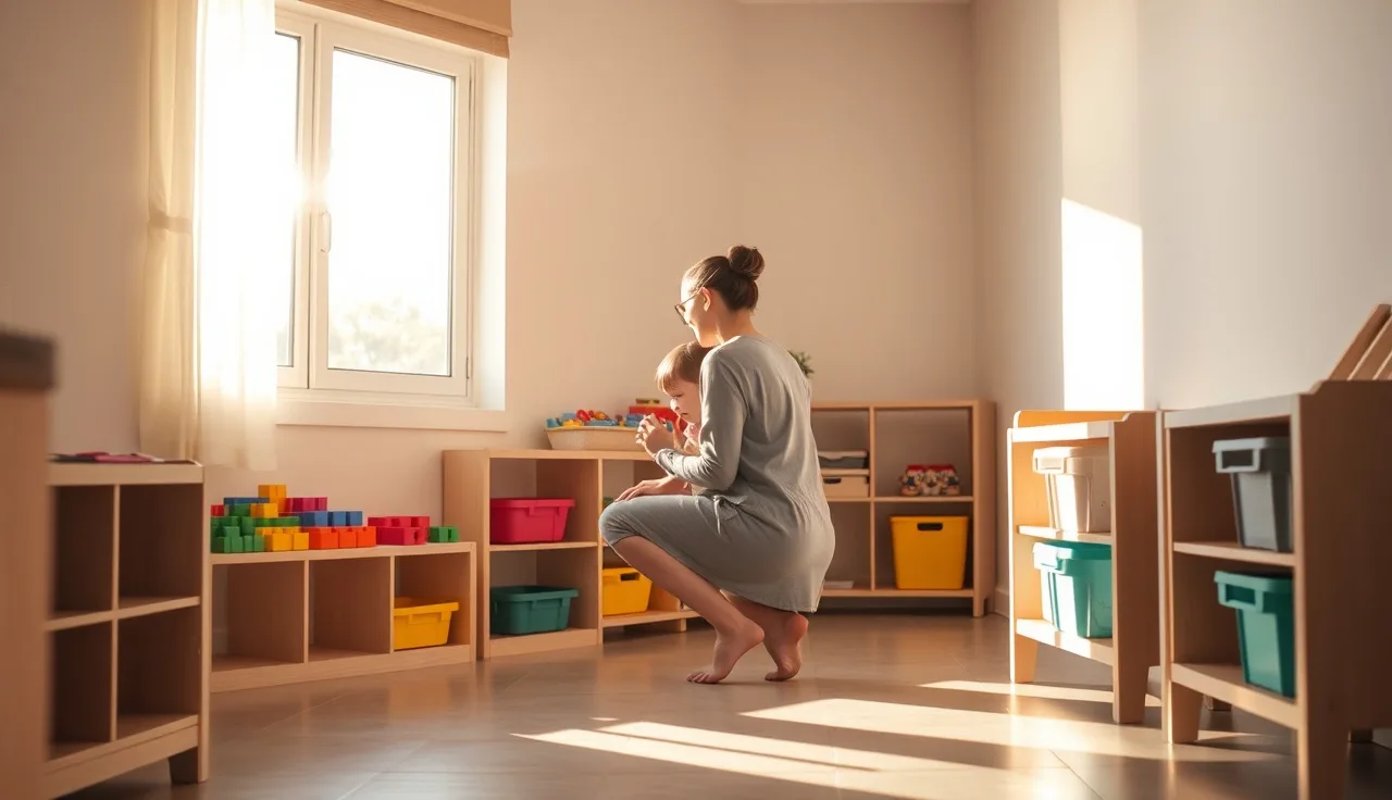 Caregiver kneeling with children in a licensed Nevada daycare room