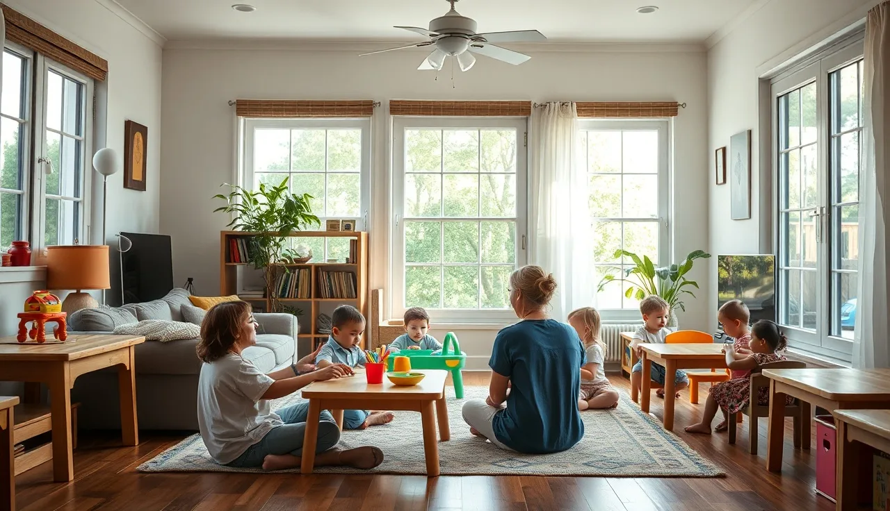 Caregiver sitting on floor with young children in a licensed home daycare space