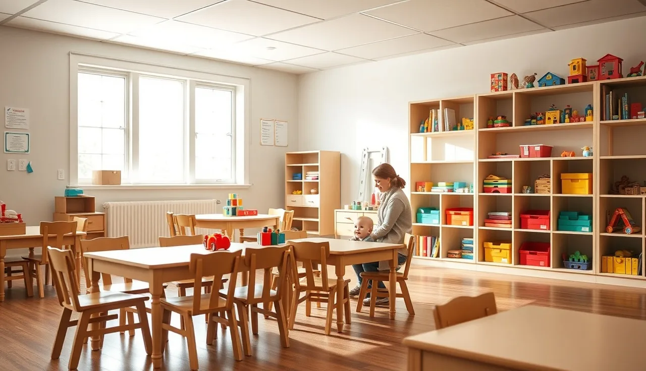 Caregiver kneeling beside toddler in a sunny licensed New Hampshire daycare classroom