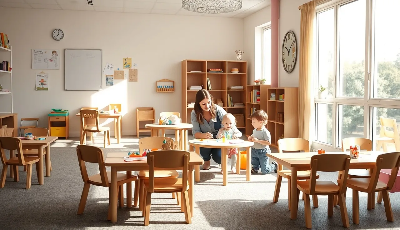 Toddlers and teacher at low tables in a licensed NJ daycare classroom