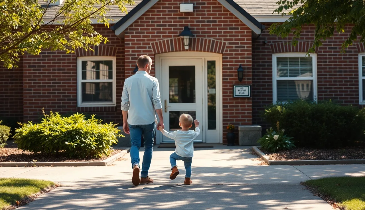 Parent and child approaching a daycare building entrance on a sunny morning
