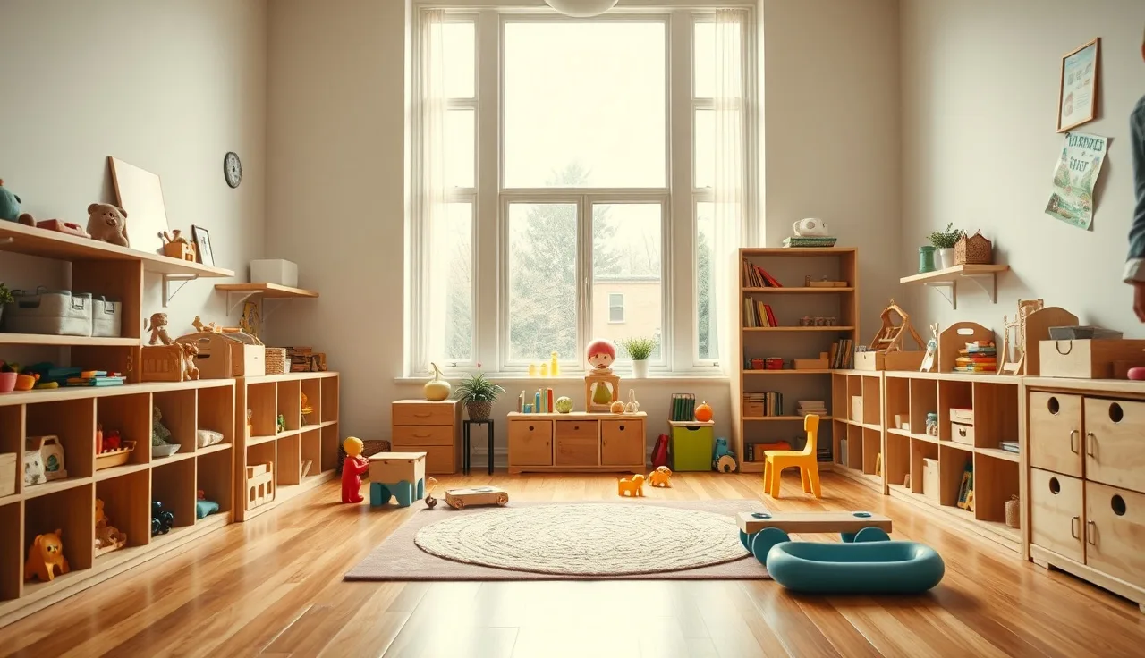 Tidy home daycare playroom with wooden shelves and natural light in Oregon