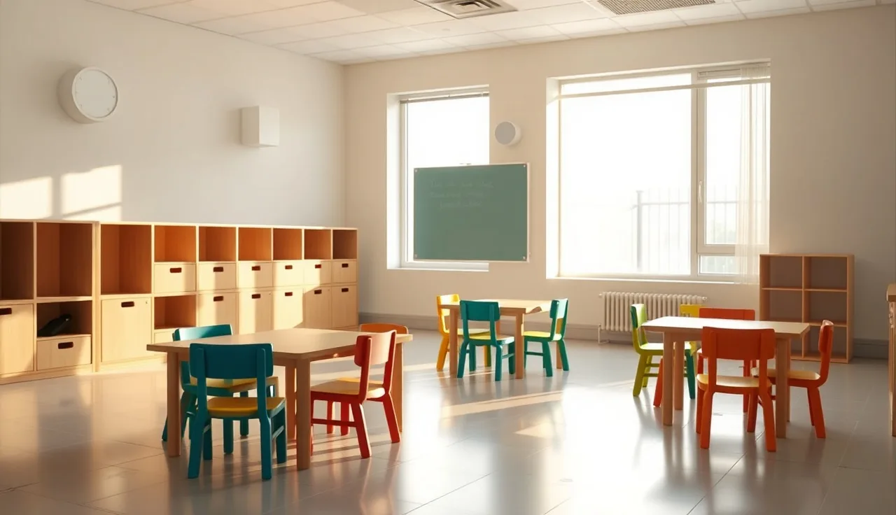 Empty licensed daycare classroom with small tables, chairs, and cubbies in morning light