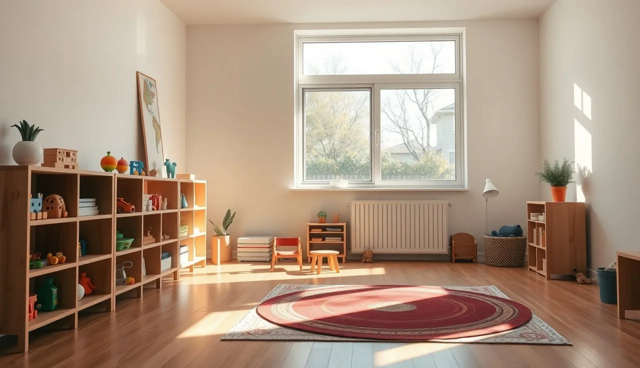 Empty sunlit playroom in a licensed Minnesota home daycare setting