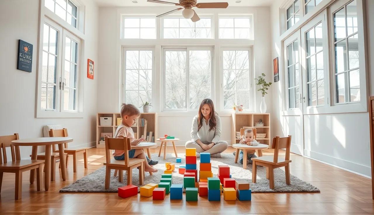 Caregiver sitting with toddlers in a sunlit Texas home daycare room