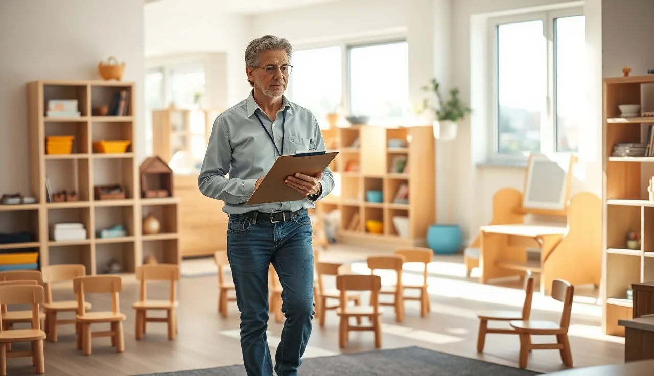 Childcare licensing inspector reviewing a Texas daycare playroom during inspection