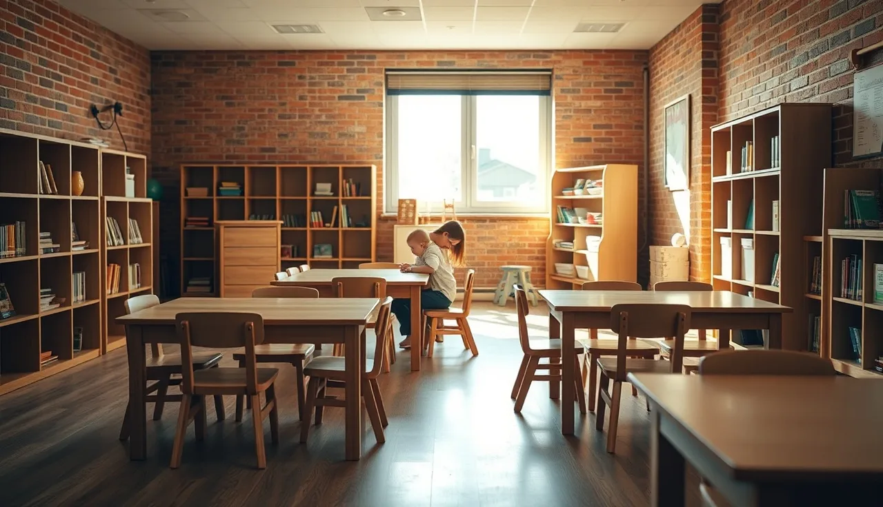 A daycare teacher and toddler in a licensed Tennessee childcare classroom